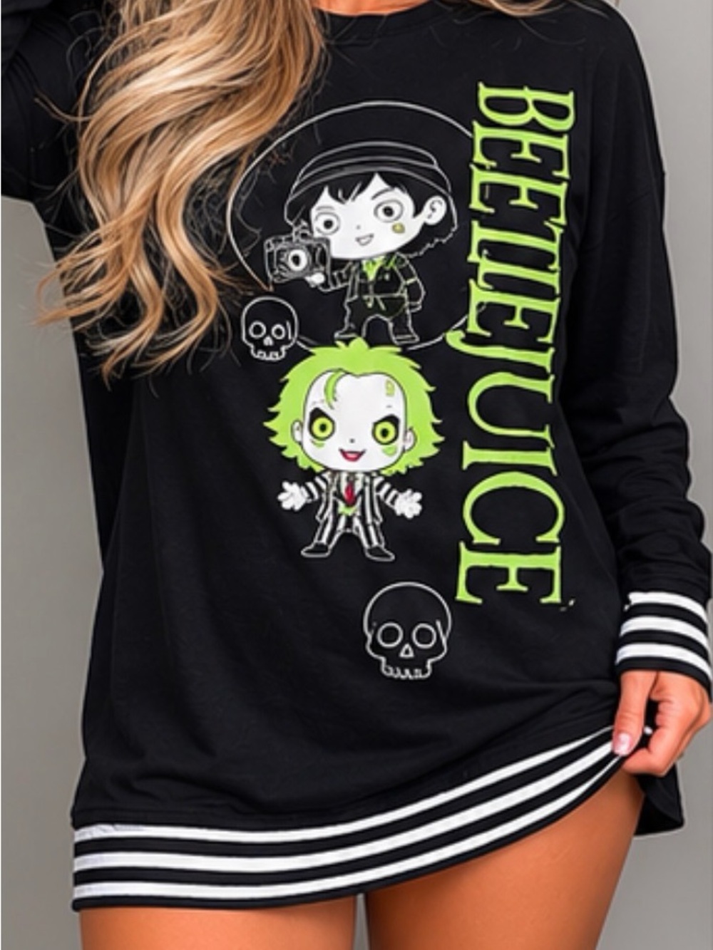 Beetlejuice Graphic Long Sleeve Sleep Shirt - Black/Neon Green